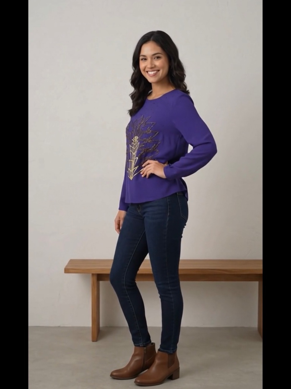 Moon Collection Blouse Embellished Leaf Top Purple Long Sleeve Top Size Small